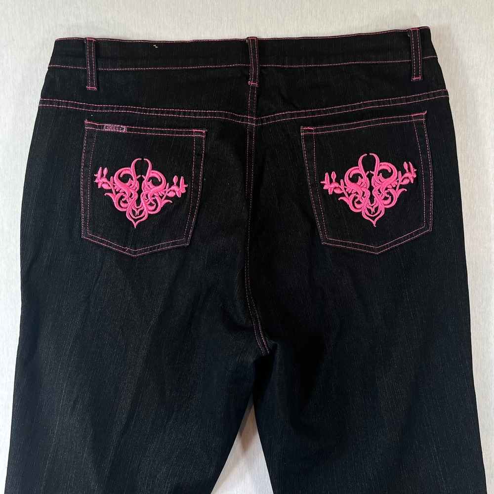 Crest Jeans Womens 17/18 Black Pink Contrast Stitch 32" Inseam Flare Leg Y2K
